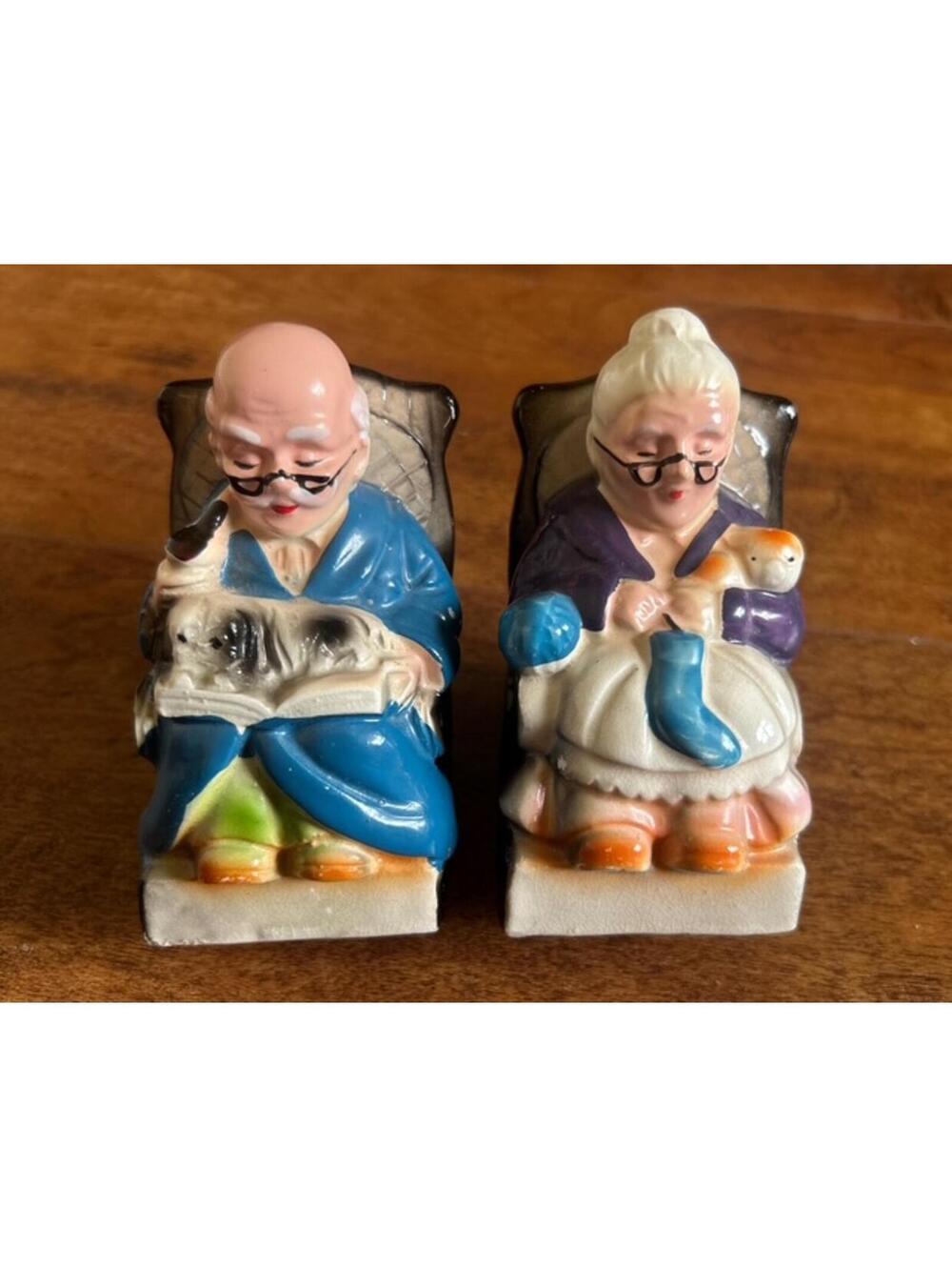 Vintage Ceramic Figurines of Elderly Couple Reading and Knitting Set of 2 Banks